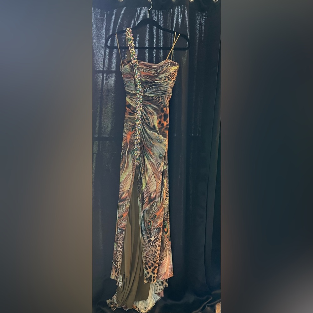 Terani Couture Multicolor Beaded Feather-Print Prom Gown